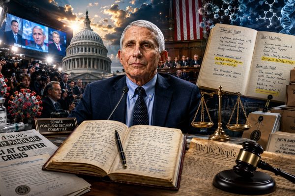 Dr. Anthony Fauci tijdens Senaatsondervraging over de coronapandemie, omringd door symbolen van rechtspraak, overheidsdocumenten, media, vaccins, FOIA-verzoeken en de Amerikaanse overheid. De afbeelding visualiseert de politieke en maatschappelijke discussie rond COVID-19, transparantie, wetenschappelijk beleid en publieke verantwoording.