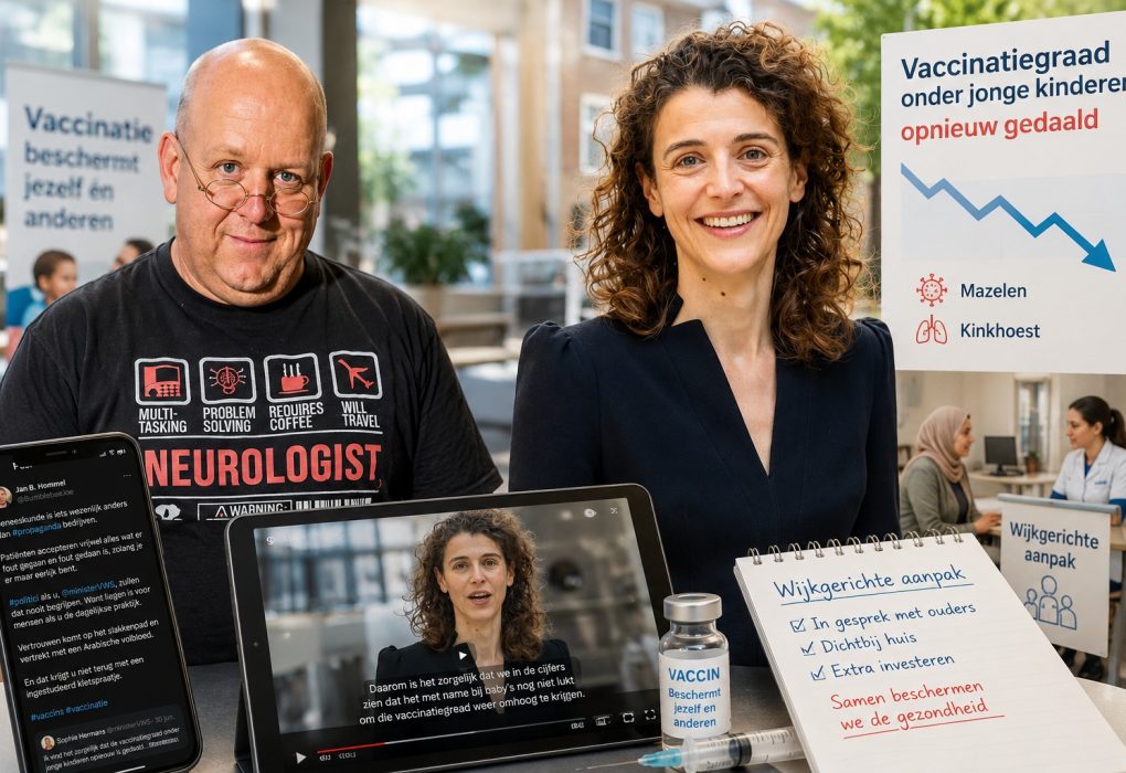 Neuroloog Jan B. Hommel reageert op de oproep van minister Sophie Hermans over de dalende vaccinatiegraad onder jonge kinderen. Op de achtergrond zijn de wijkgerichte vaccinatieaanpak, de videoboodschap van de minister en de discussie op sociale media visueel weergegeven.