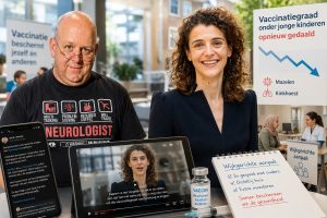 Neuroloog Jan B. Hommel reageert op de oproep van minister Sophie Hermans over de dalende vaccinatiegraad onder jonge kinderen. Op de achtergrond zijn de wijkgerichte vaccinatieaanpak, de videoboodschap van de minister en de discussie op sociale media visueel weergegeven.