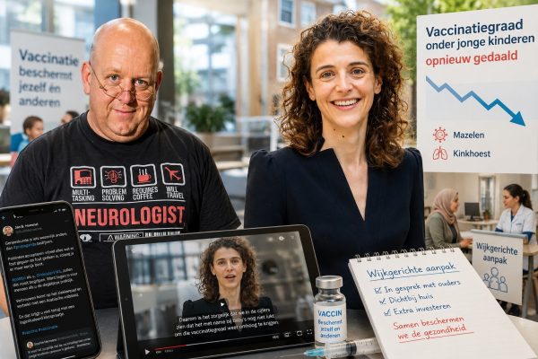 Neuroloog Jan B. Hommel reageert op de oproep van minister Sophie Hermans over de dalende vaccinatiegraad onder jonge kinderen. Op de achtergrond zijn de wijkgerichte vaccinatieaanpak, de videoboodschap van de minister en de discussie op sociale media visueel weergegeven.