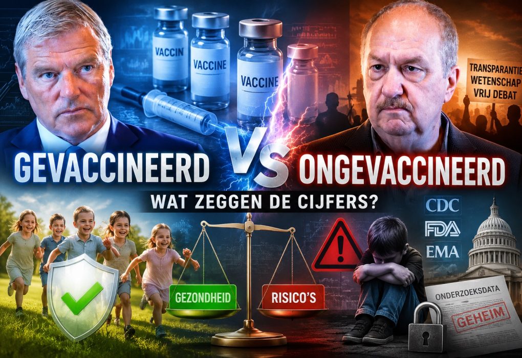 Brian Hooker en Thomas Eglinski bespreken in een uitgebreid AUF1-interview de gezondheidsverschillen tussen gevaccineerde en ongevaccineerde kinderen. De afbeelding toont vaccins, een injectiespuit, spelende kinderen, een weegschaal met gezondheid en risico's, protestsymboliek, onderzoeksdata, CDC, FDA en EMA. Het beeld visualiseert het maatschappelijke debat over vaccinveiligheid, transparantie, wetenschappelijk onderzoek en de vraag wat de beschikbare cijfers volgens Hooker laten zien.