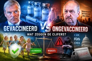 Brian Hooker en Thomas Eglinski bespreken in een uitgebreid AUF1-interview de gezondheidsverschillen tussen gevaccineerde en ongevaccineerde kinderen. De afbeelding toont vaccins, een injectiespuit, spelende kinderen, een weegschaal met gezondheid en risico's, protestsymboliek, onderzoeksdata, CDC, FDA en EMA. Het beeld visualiseert het maatschappelijke debat over vaccinveiligheid, transparantie, wetenschappelijk onderzoek en de vraag wat de beschikbare cijfers volgens Hooker laten zien.