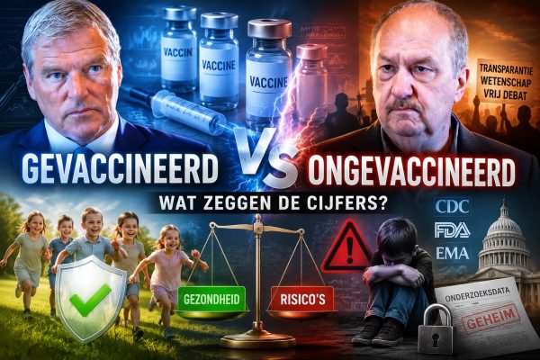 Brian Hooker en Thomas Eglinski bespreken in een uitgebreid AUF1-interview de gezondheidsverschillen tussen gevaccineerde en ongevaccineerde kinderen. De afbeelding toont vaccins, een injectiespuit, spelende kinderen, een weegschaal met gezondheid en risico's, protestsymboliek, onderzoeksdata, CDC, FDA en EMA. Het beeld visualiseert het maatschappelijke debat over vaccinveiligheid, transparantie, wetenschappelijk onderzoek en de vraag wat de beschikbare cijfers volgens Hooker laten zien.