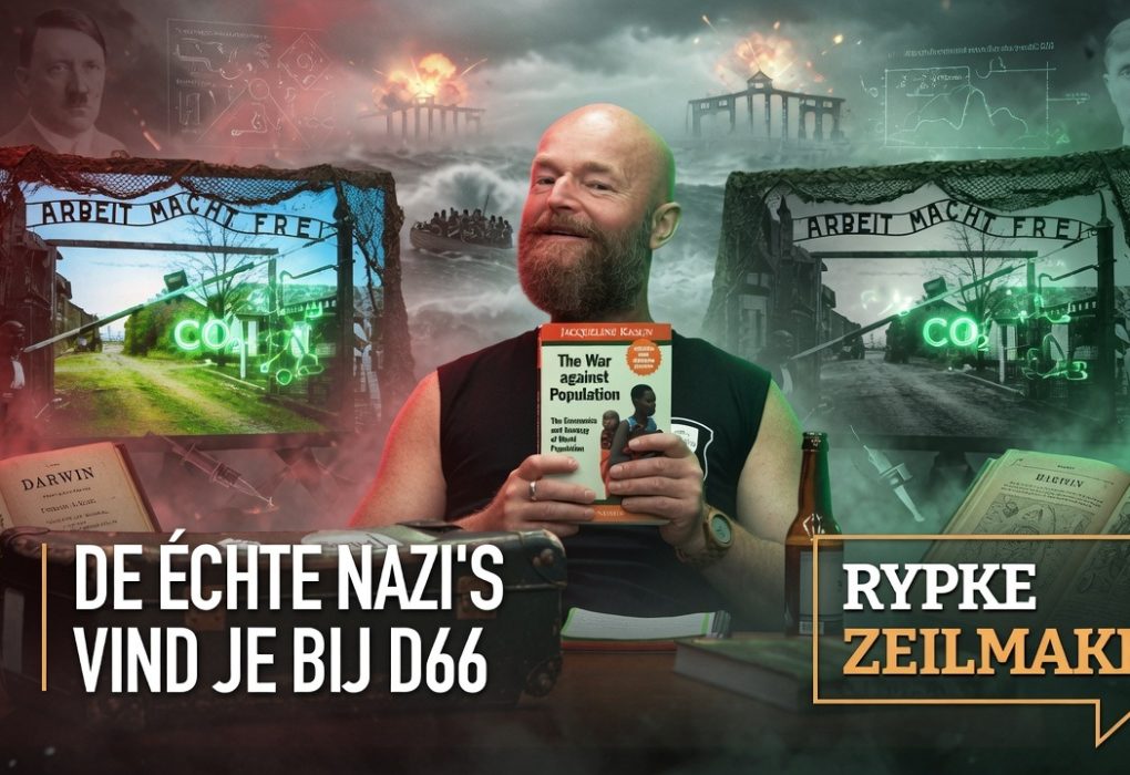 Cinematische HD-collage van eugenetica-symbolen, lifeboat ethics, exploderende Georgia Guidestones, vaccins als biowapens, groene camouflage over historische beelden en Net Zero-klimaatgrafieken met Rypke Zeilmaker centraal.
