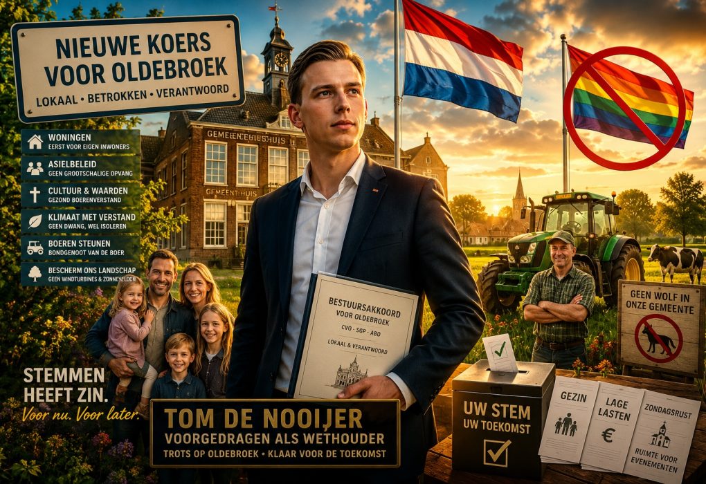 Tom de Nooijer als wethouder bij gemeentehuis Oldebroek met symbolen van gezin, boeren, landschap en lokaal bestuur.