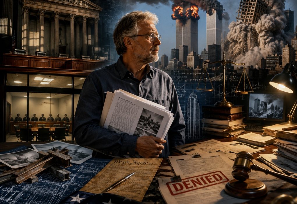 Dr. ir. Coen Vermeeren met juridische documenten, rechtbanksymboliek en de gebeurtenissen van 11 september 2001 in een cinematografische compositie over het 9/11-dossier en de juridische procedures.