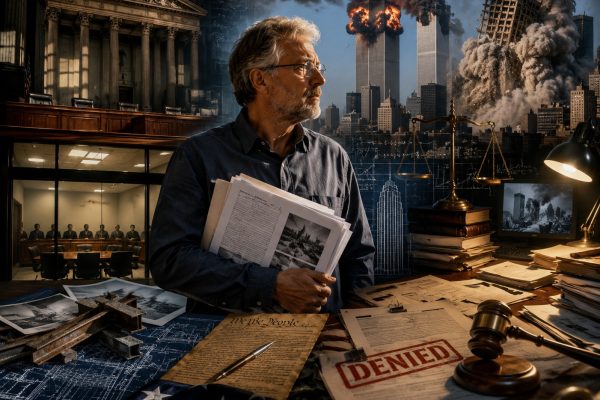 Dr. ir. Coen Vermeeren met juridische documenten, rechtbanksymboliek en de gebeurtenissen van 11 september 2001 in een cinematografische compositie over het 9/11-dossier en de juridische procedures.