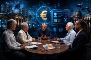 Paneldiscussie over CBDC en digitale identiteit met experts tijdens Café Weltschmerz.