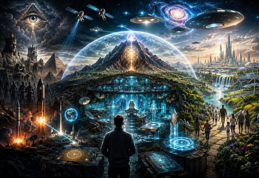 Cinematische illustratie van een verborgen ondergrondse technologie, UFO's, intergalactisch toezicht, vrije energie en de strijd tussen controle en overvloed, geïnspireerd door de visie van Coen Vermeeren.