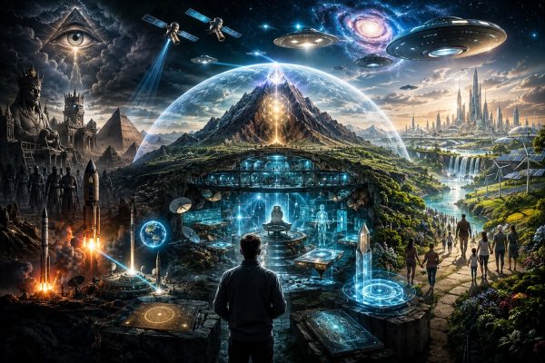 Cinematische illustratie van een verborgen ondergrondse technologie, UFO's, intergalactisch toezicht, vrije energie en de strijd tussen controle en overvloed, geïnspireerd door de visie van Coen Vermeeren.