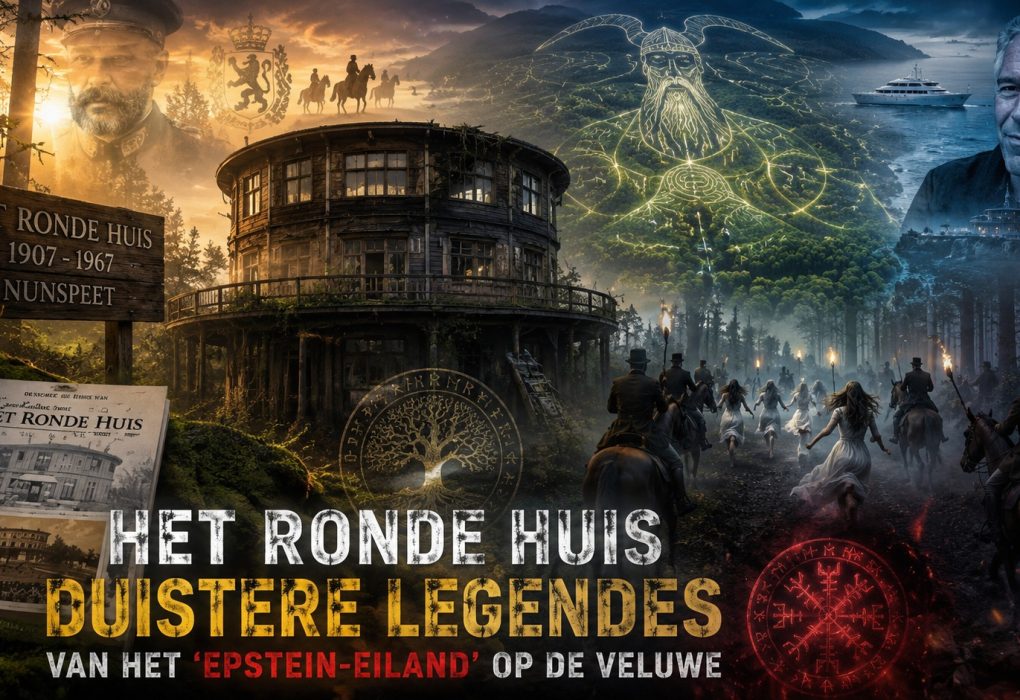 Mysterieus Ronde Huis in Veluwe-bos bij Nunspeet met occulte Wodan-symboliek, elite jachtpartijen en Epstein-achtige complotverhalen – donker boslandschap met ronde villa-ruïne