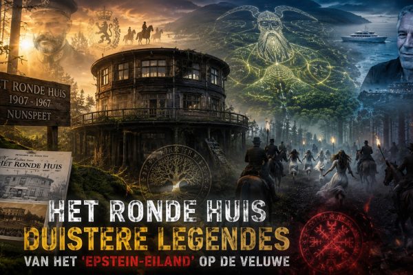 Mysterieus Ronde Huis in Veluwe-bos bij Nunspeet met occulte Wodan-symboliek, elite jachtpartijen en Epstein-achtige complotverhalen – donker boslandschap met ronde villa-ruïne