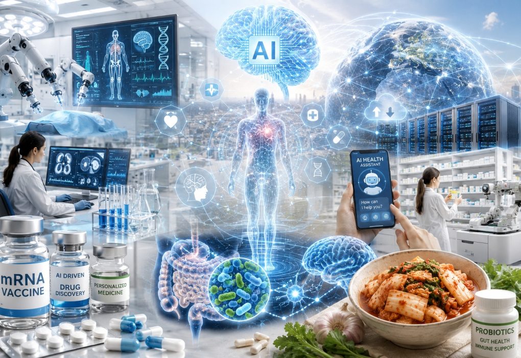 AI en gezondheidszorg met digitale diagnostiek, farmaceutische technologie, medische data en de darm-breinverbinding.