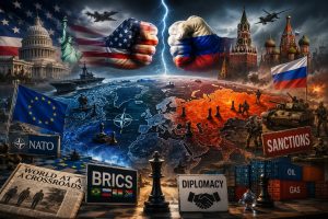 Geopolitieke spanningen tussen Rusland en het Westen verbeeld met NAVO, BRICS, sancties, diplomatie en een wereldkaart als symbool voor de veranderende wereldorde.