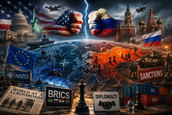 Geopolitieke spanningen tussen Rusland en het Westen verbeeld met NAVO, BRICS, sancties, diplomatie en een wereldkaart als symbool voor de veranderende wereldorde.