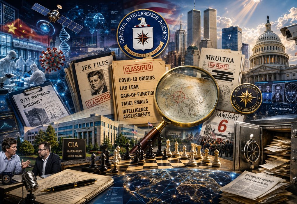 Cinematische illustratie over CIA-klokkenluider Jim Erdman met thema's als COVID-19, laboratoriumoorsprong, JFK-documenten, 9/11, Building 7, January 6, surveillance, geheime dossiers en de rol van Amerikaanse inlichtingendiensten.