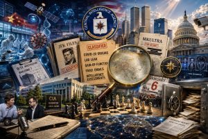 Cinematische illustratie over CIA-klokkenluider Jim Erdman met thema's als COVID-19, laboratoriumoorsprong, JFK-documenten, 9/11, Building 7, January 6, surveillance, geheime dossiers en de rol van Amerikaanse inlichtingendiensten.