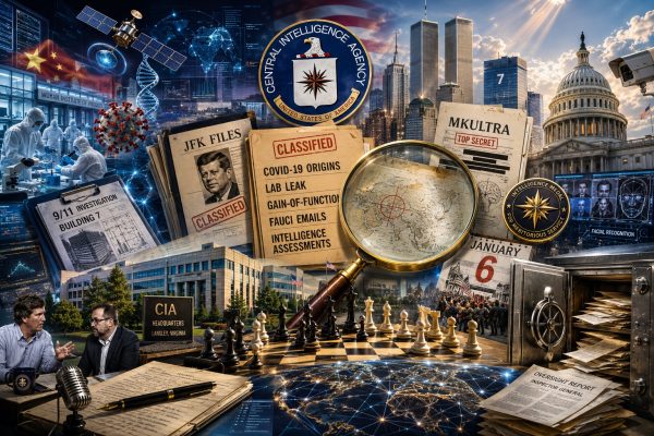 Cinematische illustratie over CIA-klokkenluider Jim Erdman met thema's als COVID-19, laboratoriumoorsprong, JFK-documenten, 9/11, Building 7, January 6, surveillance, geheime dossiers en de rol van Amerikaanse inlichtingendiensten.