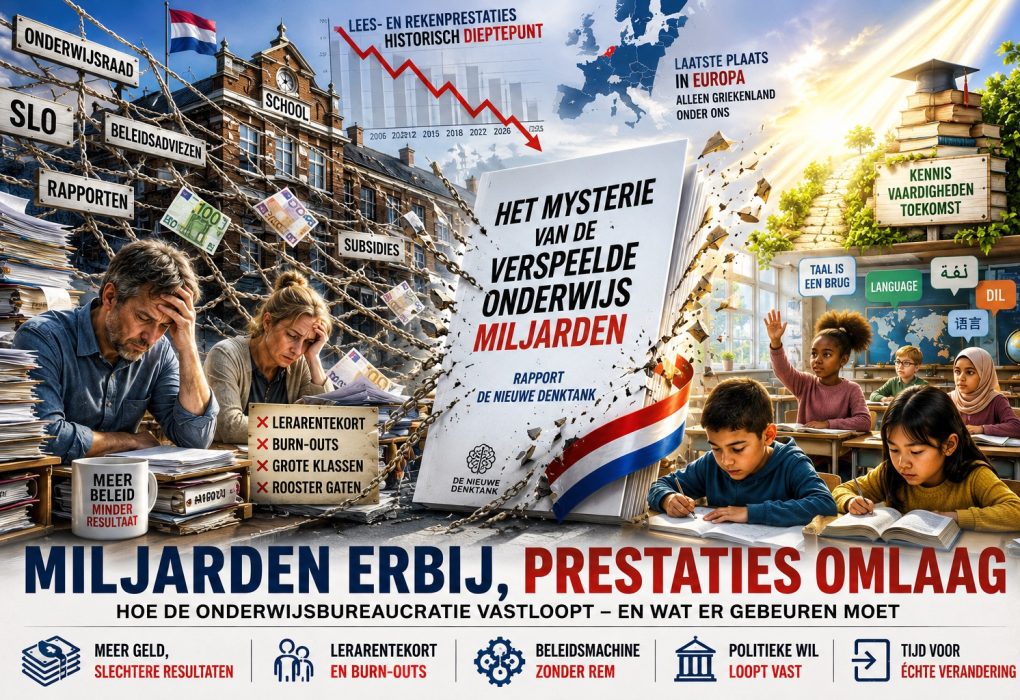 Het mysterie van de verspeelde onderwijsmiljarden: een dramatische illustratie van een vervallen Nederlands schoolgebouw dat verstrikt is in een web van bureaucratie, terwijl een rapport de ketens doorbreekt en symbool staat voor hervorming van het onderwijs.