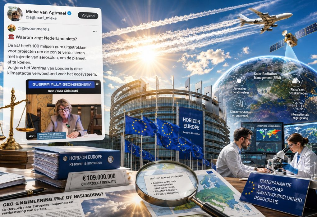 Onderzoek naar de claim dat de Europese Unie 109 miljoen euro investeert in geo-engineering, met aandacht voor Solar Radiation Management (SRM), Horizon Europe, Frida Chialastri en de mogelijke risico's van klimaatinterventies.