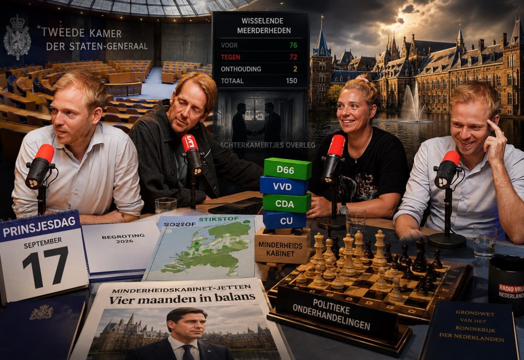 Podcast over de eerste vier maanden van het minderheidskabinet-Jetten met analyse van politieke onderhandelingen en wisselende meerderheden.
