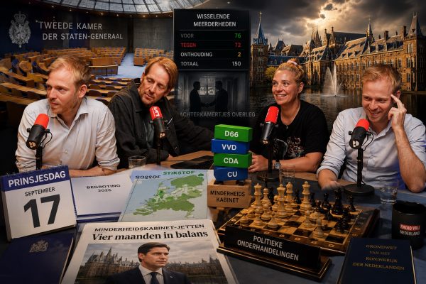 Podcast over de eerste vier maanden van het minderheidskabinet-Jetten met analyse van politieke onderhandelingen en wisselende meerderheden.