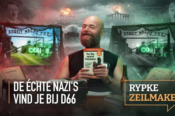 Cinematische HD-collage van eugenetica-symbolen, lifeboat ethics, exploderende Georgia Guidestones, vaccins als biowapens, groene camouflage over historische beelden en Net Zero-klimaatgrafieken met Rypke Zeilmaker centraal.