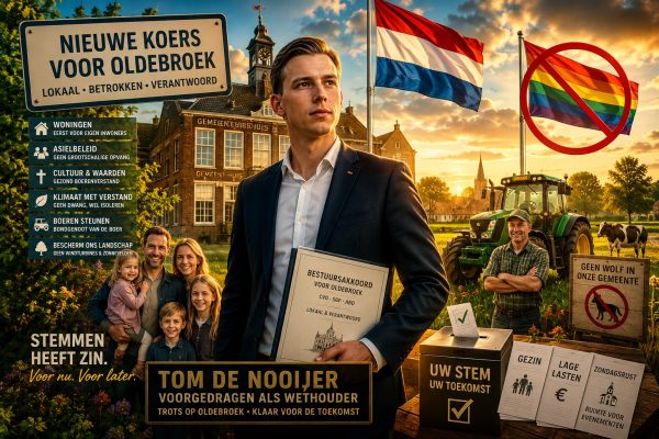 Tom de Nooijer als wethouder bij gemeentehuis Oldebroek met symbolen van gezin, boeren, landschap en lokaal bestuur.