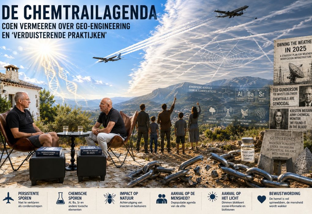 Illustratie van Coen Vermeeren tijdens een interview over chemtrails, geo-engineering en weermanipulatie, met vliegtuigen, aanhoudende vliegtuigsporen en een symbolische hemel boven een Spaans berglandschap.