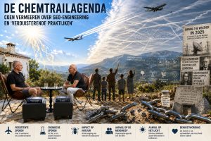Illustratie van Coen Vermeeren tijdens een interview over chemtrails, geo-engineering en weermanipulatie, met vliegtuigen, aanhoudende vliegtuigsporen en een symbolische hemel boven een Spaans berglandschap.