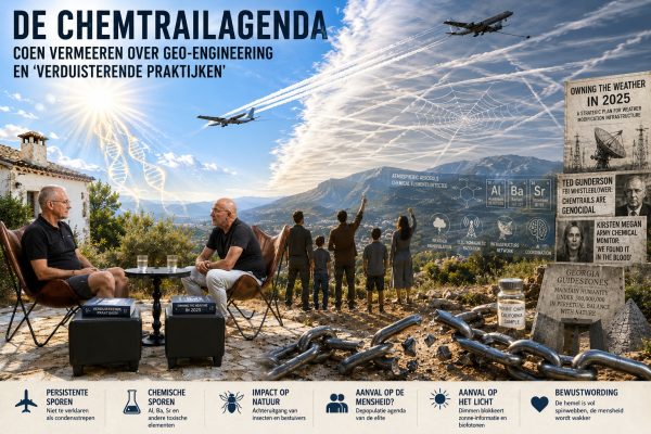 Illustratie van Coen Vermeeren tijdens een interview over chemtrails, geo-engineering en weermanipulatie, met vliegtuigen, aanhoudende vliegtuigsporen en een symbolische hemel boven een Spaans berglandschap.