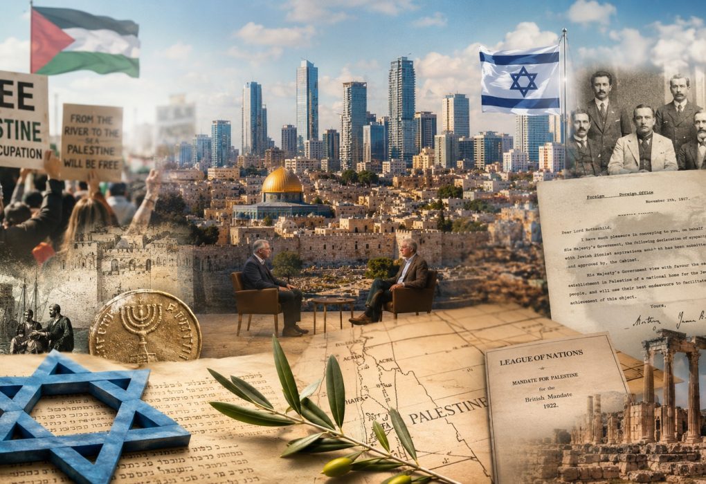 Cinematische collage over de geschiedenis van Israël met historische documenten, kaarten, Jeruzalem, Tel Aviv, protestbewegingen, geopolitieke symbolen en een interview met Ken van Ierlant en Ad Verbrugge.