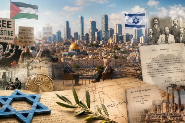 Cinematische collage over de geschiedenis van Israël met historische documenten, kaarten, Jeruzalem, Tel Aviv, protestbewegingen, geopolitieke symbolen en een interview met Ken van Ierlant en Ad Verbrugge.