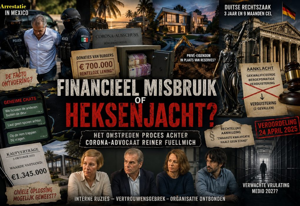 Afbeelding over de veroordeling van corona-advocaat Reiner Fuellmich door het Landgericht Göttingen op 24 april 2025. Overzicht van de arrestatie in Mexico, de verduisteringszaak rond €700.000 aan donatiegelden, de bewijsvoering van de rechtbank, interne conflicten binnen het Corona-Ausschuss en de opgelegde gevangenisstraf van 3 jaar en 9 maanden.