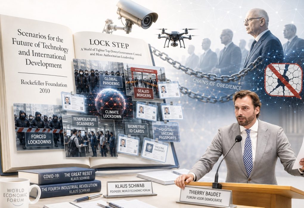 Thierry Baudet houdt in de Tweede Kamer een toespraak over het Rockefeller Foundation-rapport Lock Step uit 2010. Op de achtergrond staan symbolen voor pandemiemaatregelen, digitale identiteiten, biometrische controle, surveillance, The Great Reset, Klaus Schwab, Build Back Better en de discussie over vrijheid versus veiligheid.