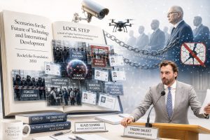 Thierry Baudet houdt in de Tweede Kamer een toespraak over het Rockefeller Foundation-rapport Lock Step uit 2010. Op de achtergrond staan symbolen voor pandemiemaatregelen, digitale identiteiten, biometrische controle, surveillance, The Great Reset, Klaus Schwab, Build Back Better en de discussie over vrijheid versus veiligheid.