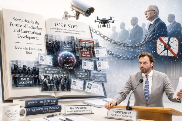 Thierry Baudet houdt in de Tweede Kamer een toespraak over het Rockefeller Foundation-rapport Lock Step uit 2010. Op de achtergrond staan symbolen voor pandemiemaatregelen, digitale identiteiten, biometrische controle, surveillance, The Great Reset, Klaus Schwab, Build Back Better en de discussie over vrijheid versus veiligheid.