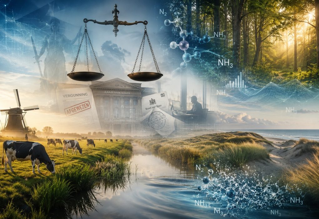 Cinematische illustratie van het Nederlandse stikstofdebat met een groene polder, melkvee, natuurgebieden, de Raad van State, stikstofmodellen en juridische documenten die de strijd tussen natuurbeheer, beleid en regelgeving symboliseren.