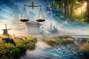 Cinematische illustratie van het Nederlandse stikstofdebat met een groene polder, melkvee, natuurgebieden, de Raad van State, stikstofmodellen en juridische documenten die de strijd tussen natuurbeheer, beleid en regelgeving symboliseren.