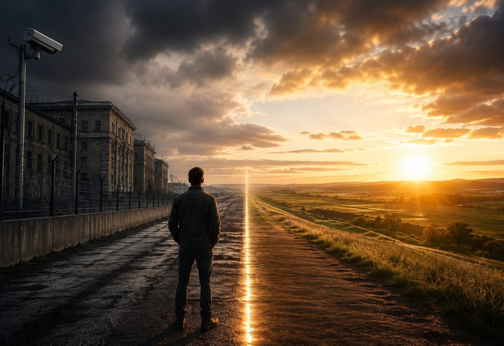 Symbolische afbeelding van een persoon die op een grens staat tussen controle en vrijheid, terwijl een donkere institutionele wereld overgaat in een open landschap onder een opkomende zon.