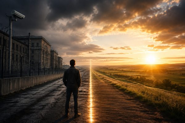 Symbolische afbeelding van een persoon die op een grens staat tussen controle en vrijheid, terwijl een donkere institutionele wereld overgaat in een open landschap onder een opkomende zon.