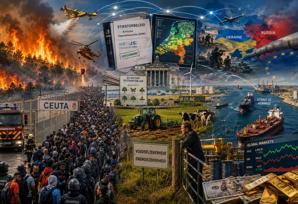 Cinematische HD-collage met bosbranden in Europa, de migratiecrisis bij Ceuta, Nederlands stikstofbeleid, landbouw, energiezekerheid, de oorlog in Oekraïne, spanningen met Rusland, mondiale handelsroutes en geopolitieke conflicten samengebracht in één beeld.