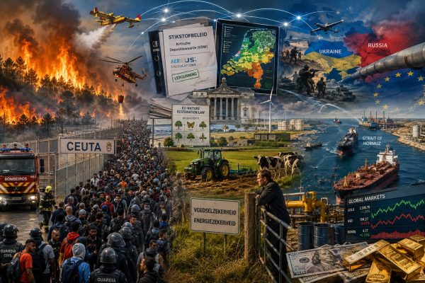 Cinematische HD-collage met bosbranden in Europa, de migratiecrisis bij Ceuta, Nederlands stikstofbeleid, landbouw, energiezekerheid, de oorlog in Oekraïne, spanningen met Rusland, mondiale handelsroutes en geopolitieke conflicten samengebracht in één beeld.