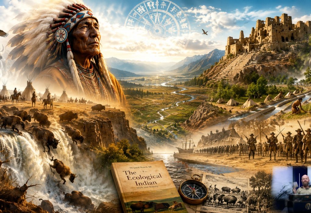 Cinematische illustratie van de mythe van de ecologische Indiaan met bizonkuddes, Buffalo Jump, Indiaanse nederzettingen, irrigatiekanalen, archeologische ruïnes, pelshandel, Europese kolonisten en het boek The Ecological Indian van Shepard Krech III, gebaseerd op de analyse van Rypke Zeilmaker.