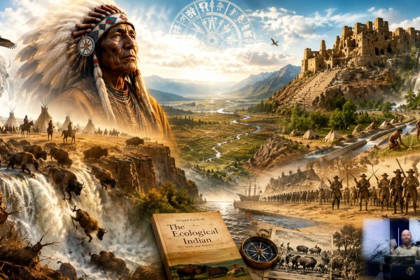 Cinematische illustratie van de mythe van de ecologische Indiaan met bizonkuddes, Buffalo Jump, Indiaanse nederzettingen, irrigatiekanalen, archeologische ruïnes, pelshandel, Europese kolonisten en het boek The Ecological Indian van Shepard Krech III, gebaseerd op de analyse van Rypke Zeilmaker.