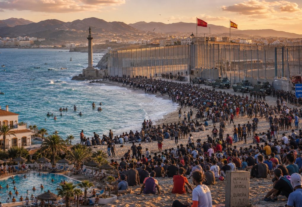 Duizenden migranten op de stranden van Ceuta nabij de Spaans-Marokkaanse grens met grenshek, politie, militairen en wachtende groepen langs de kust.