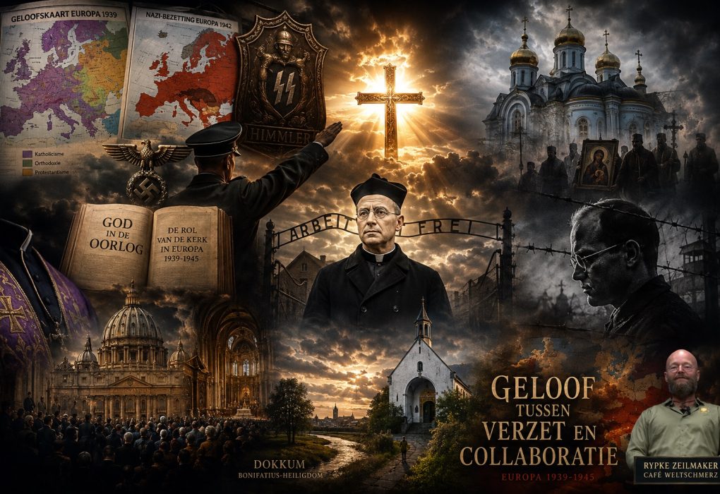 Cinematic HD collage over de rol van kerken tijdens de Tweede Wereldoorlog met geloofskaarten van Europa, nazi-symboliek, Titus Brandsma, Dietrich Bonhoeffer, Oekraïense orthodoxie, concentratiekampen en het boek God in de oorlog van historicus Jan Bank
