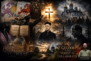Cinematic HD collage over de rol van kerken tijdens de Tweede Wereldoorlog met geloofskaarten van Europa, nazi-symboliek, Titus Brandsma, Dietrich Bonhoeffer, Oekraïense orthodoxie, concentratiekampen en het boek God in de oorlog van historicus Jan Bank