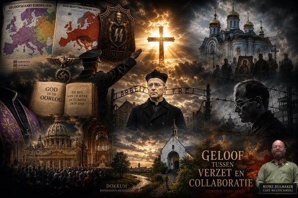 Cinematic HD collage over de rol van kerken tijdens de Tweede Wereldoorlog met geloofskaarten van Europa, nazi-symboliek, Titus Brandsma, Dietrich Bonhoeffer, Oekraïense orthodoxie, concentratiekampen en het boek God in de oorlog van historicus Jan Bank