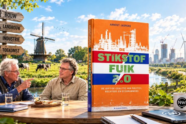 Arnout Jaspers bespreekt De Stikstoffuik 2.0 in De Nieuwe Wereld terwijl de Nederlandse stikstofcrisis, bouwstop, landbouwproblemen, juridische procedures en Natura 2000-beleid centraal staan. Op de achtergrond symboliseren windmolens, landbouwgrond en industrie de strijd tussen economie, natuurbeleid en politieke besluitvorming.